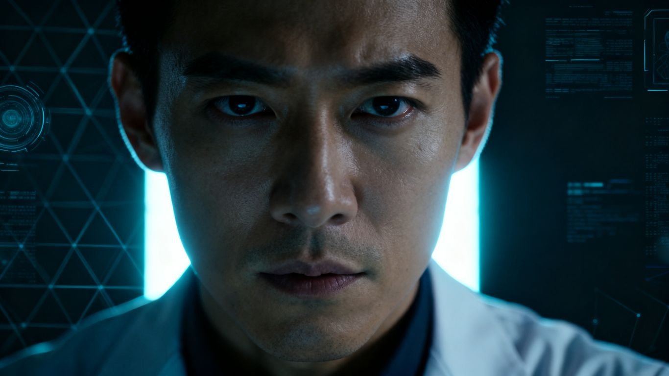 Portrait d'un individu déterminé, technologie futuriste en arrière-plan.