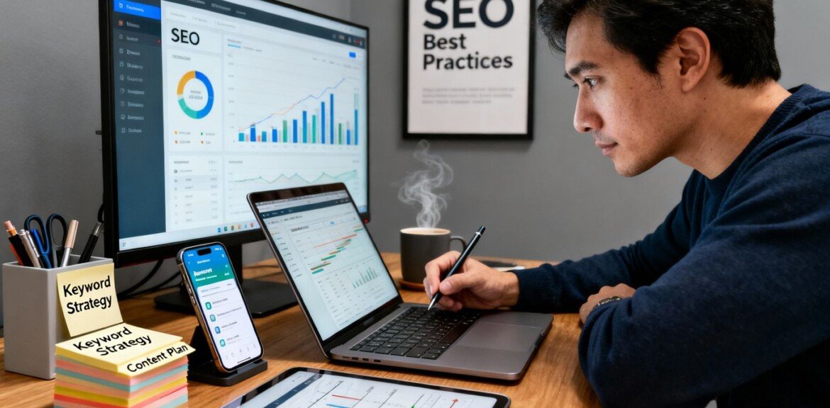 Chef de projet SEO freelance travaillant sur son ordinateur.