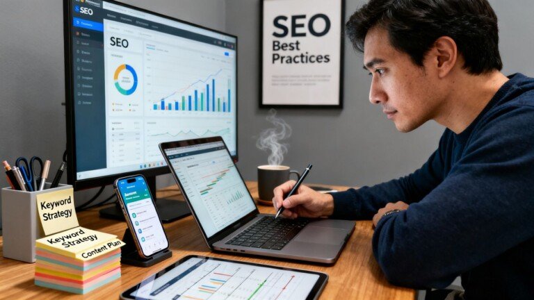 Chef de projet SEO freelance travaillant sur son ordinateur.