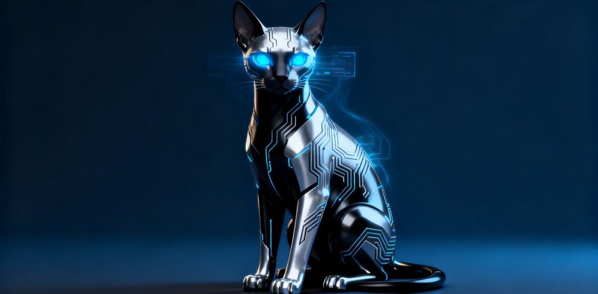 Un chat futuriste aux yeux bleus lumineux.