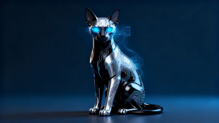 Un chat futuriste aux yeux bleus lumineux.