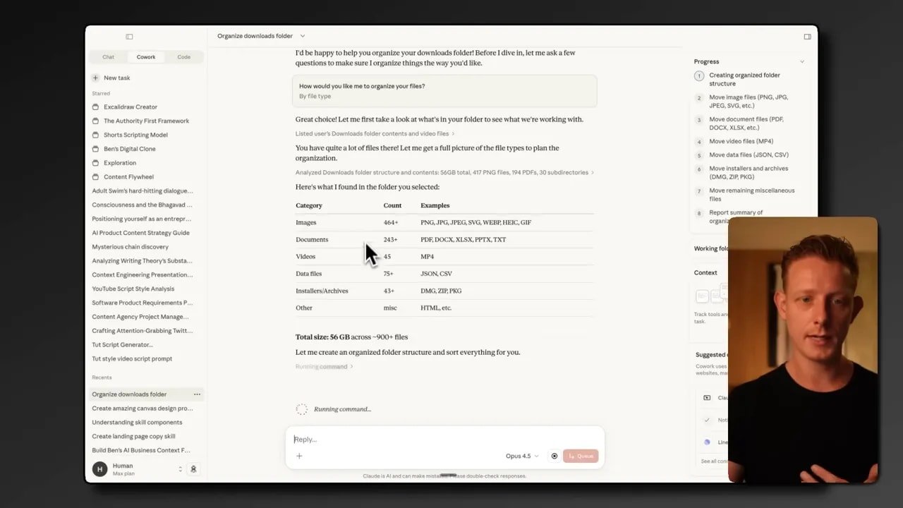 Tableau d'analyse des fichiers (Images, Documents, Vidéos) et barre de progression dans l'interface Claude Cowork