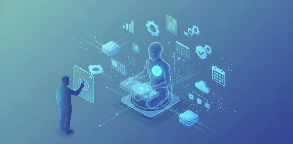 claude cowork Illustration isométrique d'une IA collaborative connectée à fichiers, applications cloud, graphiques et engrenages, avec un humain confirmant une action pour symboliser l'automatisation et le contrôle humain