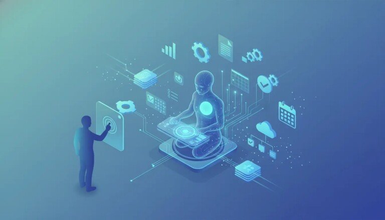 claude cowork Illustration isométrique d'une IA collaborative connectée à fichiers, applications cloud, graphiques et engrenages, avec un humain confirmant une action pour symboliser l'automatisation et le contrôle humain