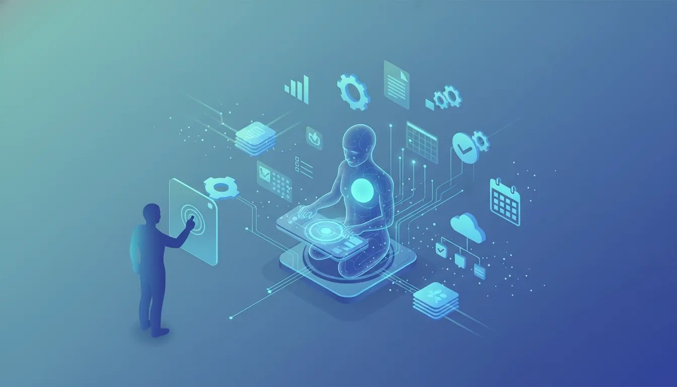 claude cowork Illustration isométrique d'une IA collaborative connectée à fichiers, applications cloud, graphiques et engrenages, avec un humain confirmant une action pour symboliser l'automatisation et le contrôle humain