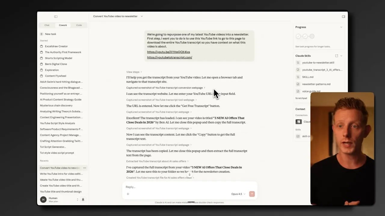 Interface Claude Cowork affichant les étapes pour convertir une vidéo YouTube en newsletter avec le transcript chargé et aperçu du présentateur en vignette.