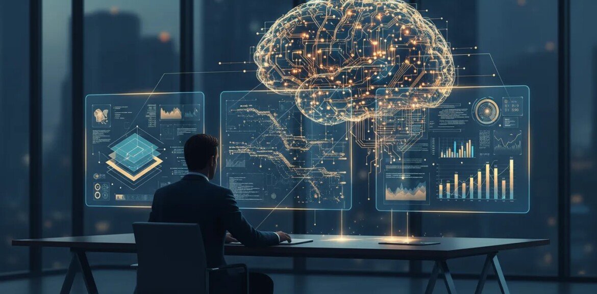 Illustration conceptuelle d’un dirigeant devant écrans holographiques reliés à un cerveau IA en nuage de circuits, symbolisant la décision, le déploiement et la capture de valeur avec Claude Opus 4.6