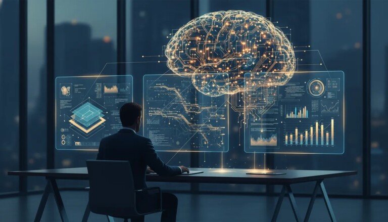 Illustration conceptuelle d’un dirigeant devant écrans holographiques reliés à un cerveau IA en nuage de circuits, symbolisant la décision, le déploiement et la capture de valeur avec Claude Opus 4.6