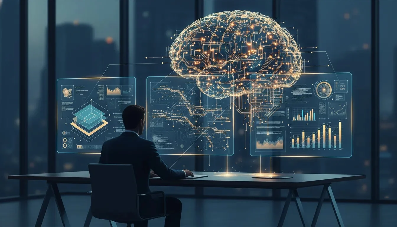 Illustration conceptuelle d’un dirigeant devant écrans holographiques reliés à un cerveau IA en nuage de circuits, symbolisant la décision, le déploiement et la capture de valeur avec Claude Opus 4.6