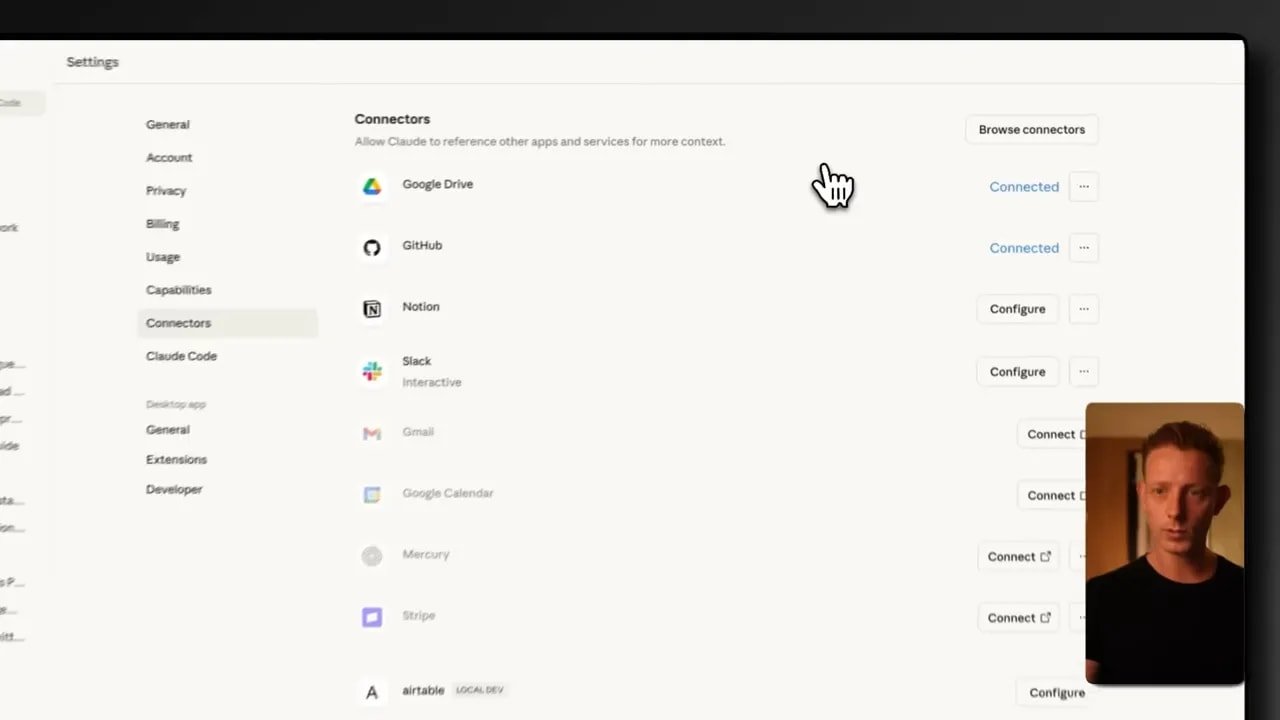 Page 'Connectors' dans les paramètres montrant Google Drive, GitHub, Notion et boutons 'Connect'/'Configure'