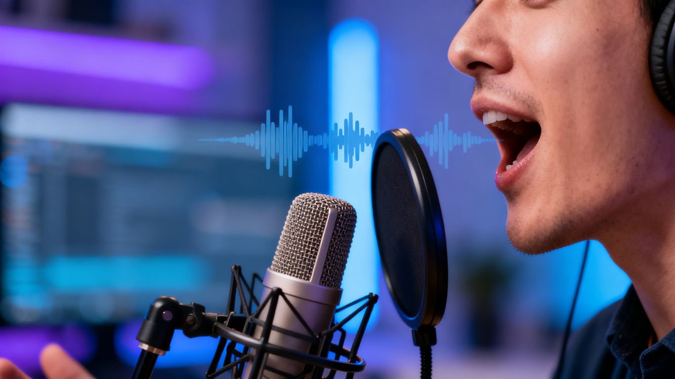 Personne parlant dans un microphone dans un studio.