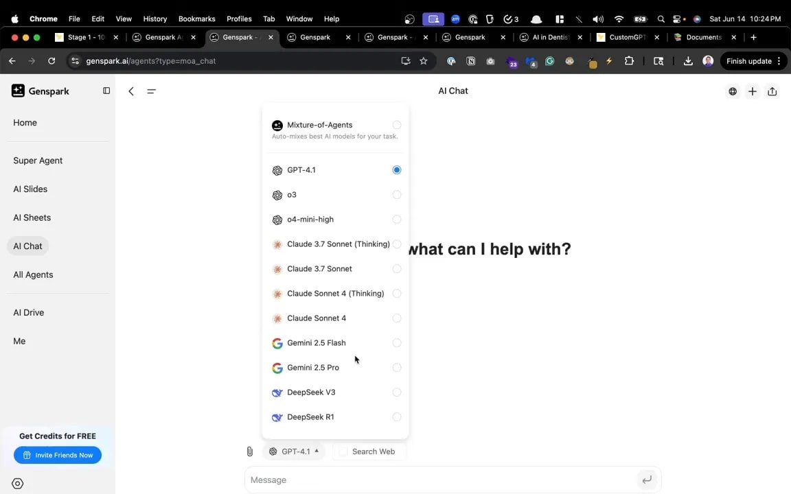 Capture Genspark montrant le panneau de sélection des modèles avec GPT-4.1, Claude, Gemini et DeepSeek visibles