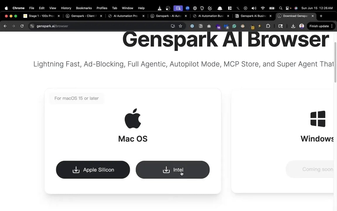 Capture d'écran large du site 'Genspark AI Browser' avec la carte 'Mac OS' à gauche et la carte 'Windows' à droite.