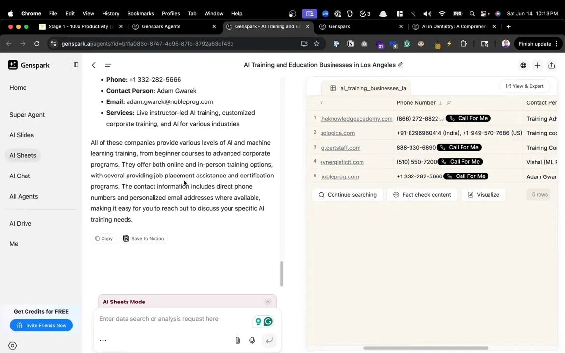 Interface Genspark AI Sheets montrant une feuille avec noms, numéros et boutons d'appel