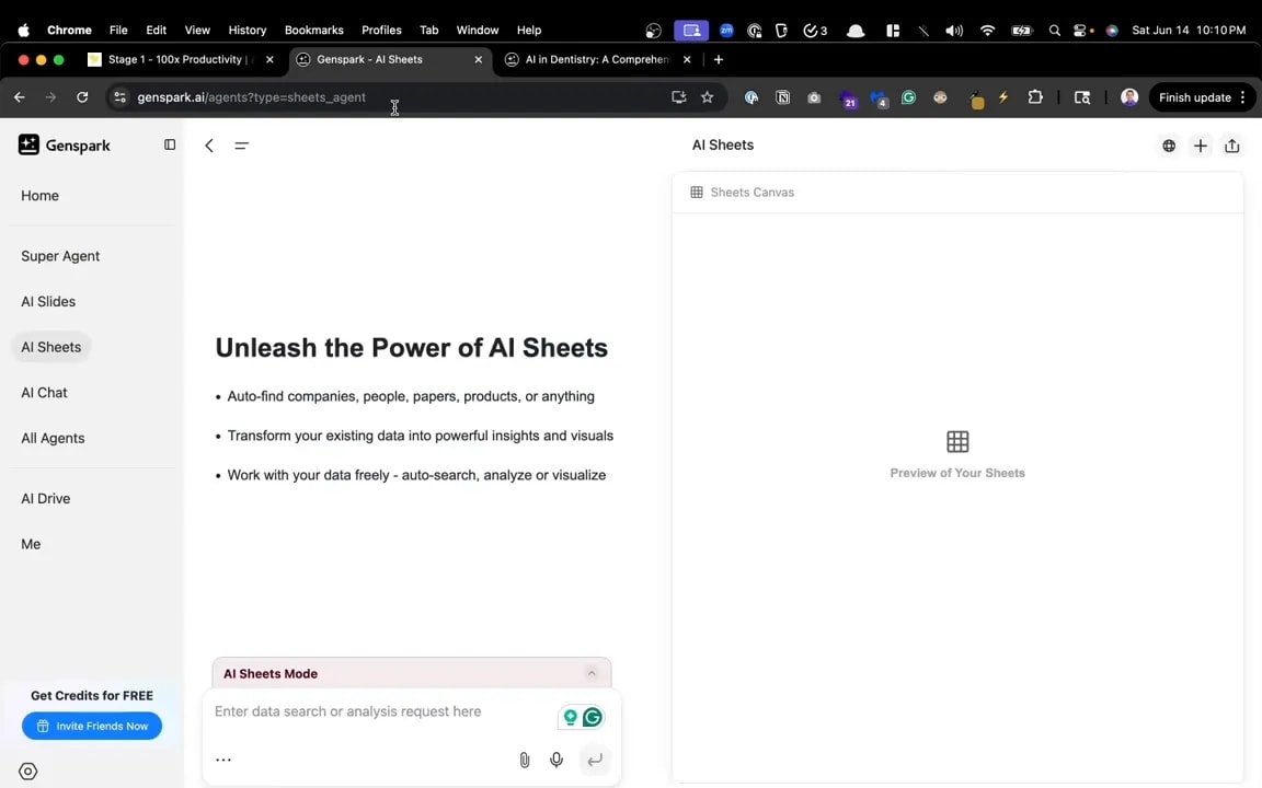 Interface Genspark montrant AI Sheets et le menu latéral (Super Agent, AI Slides, AI Chat, AI Drive).