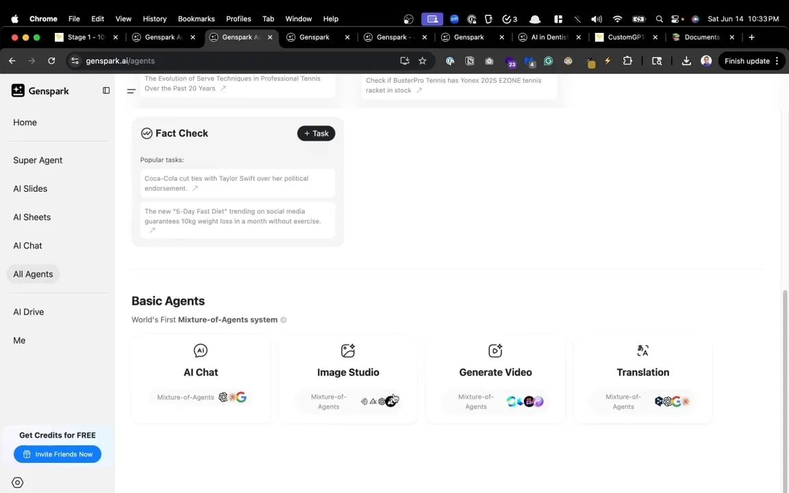 Tableau de bord Genspark affichant le menu latéral avec l'option AI Sheets et les agents de base