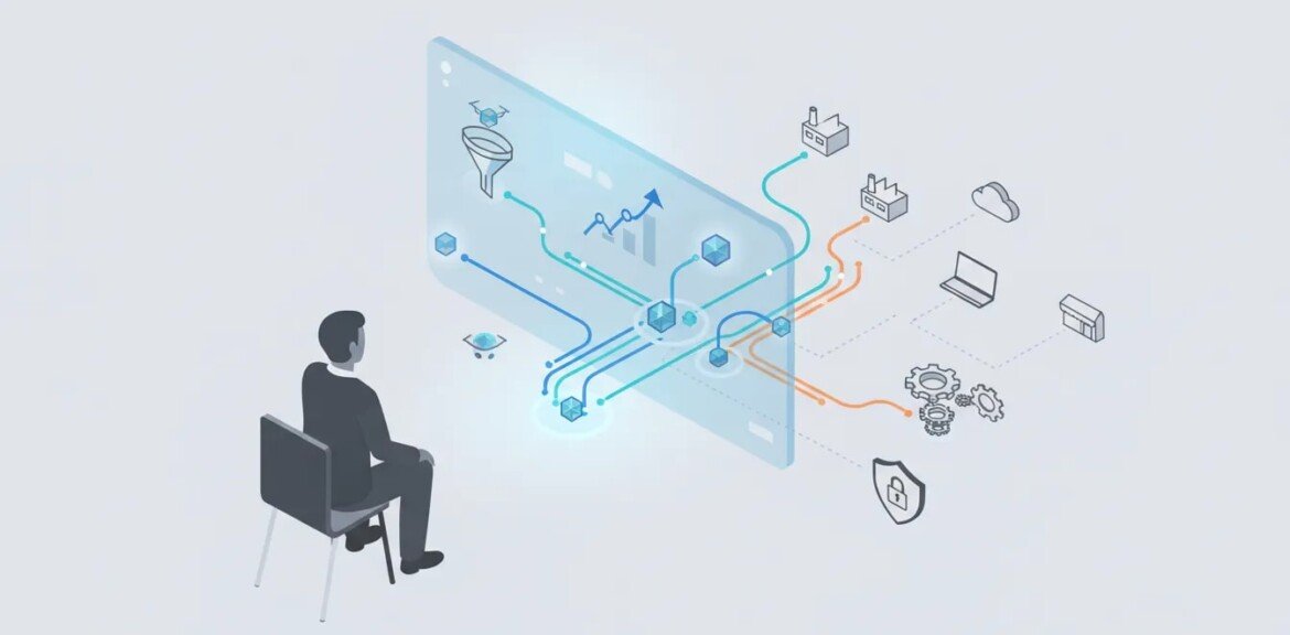 Genspark: Dirigeant devant tableau holographique montrant Genspark : réseau d'agents IA autonomes optimisant génération de leads, production et croissance