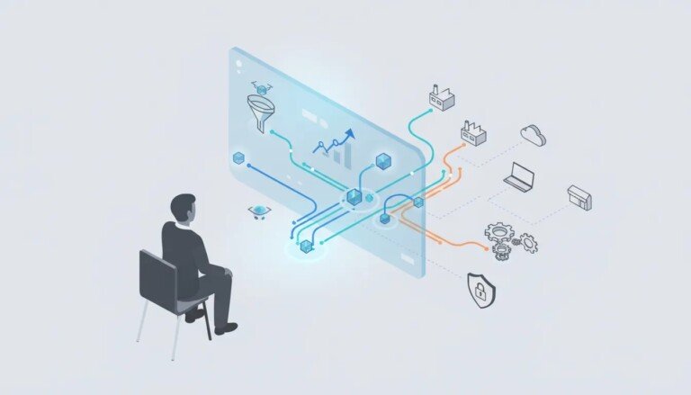 Genspark: Dirigeant devant tableau holographique montrant Genspark : réseau d'agents IA autonomes optimisant génération de leads, production et croissance