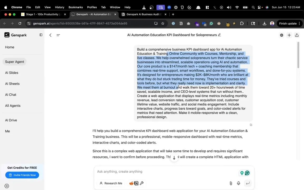 Interface Genspark montrant un prompt et la réponse pour générer un KPI Dashboard App, avec le menu Super Agent visible.