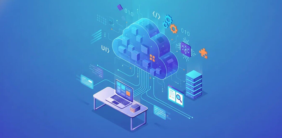 Google Antigravity: Illustration isométrique d'un écosystème Google Antigravity montrant un cloud flottant relié à un serveur local, un notebook numérique, modules de skills, nœuds MCP, sites animés et serveurs scalables connectés par lignes lumineuses