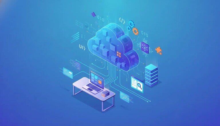 Google Antigravity: Illustration isométrique d'un écosystème Google Antigravity montrant un cloud flottant relié à un serveur local, un notebook numérique, modules de skills, nœuds MCP, sites animés et serveurs scalables connectés par lignes lumineuses