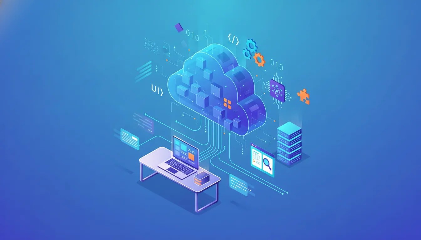 Google Antigravity: Illustration isométrique d'un écosystème Google Antigravity montrant un cloud flottant relié à un serveur local, un notebook numérique, modules de skills, nœuds MCP, sites animés et serveurs scalables connectés par lignes lumineuses