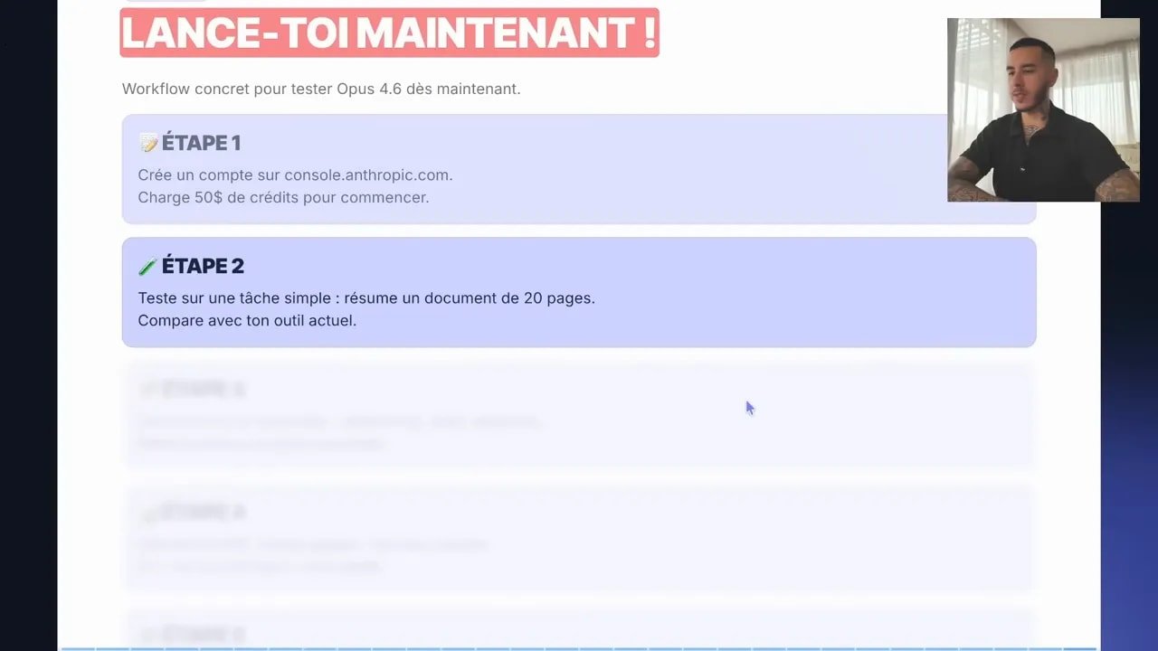 Diapositive claire montrant le titre 'Lance-toi maintenant' et les encadrés 'Étape 1' et 'Étape 2' expliquant la création de compte et le test de référence ; petit encart vidéo du présentateur en haut à droite.