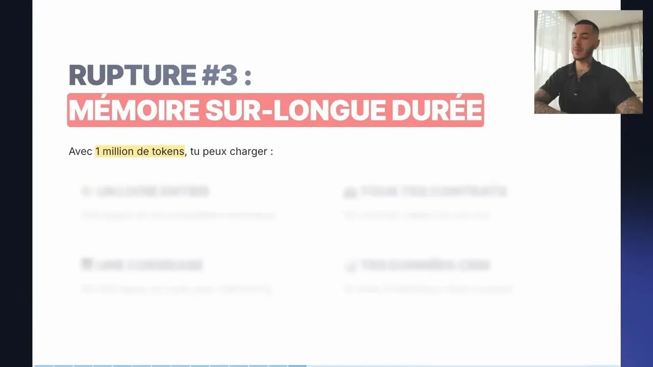 Diapositive « RUPTURE #3 : MÉMOIRE SUR‑LONGUE DURÉE » mettant en évidence « 1 million de tokens », encart vidéo du présentateur en haut à droite.