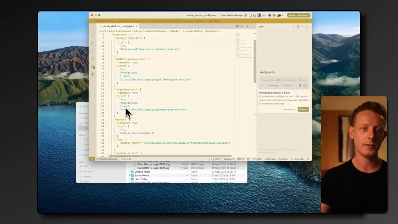 Éditeur de code affichant le fichier claude_desktop_config.json avec la configuration MCP visible et un curseur