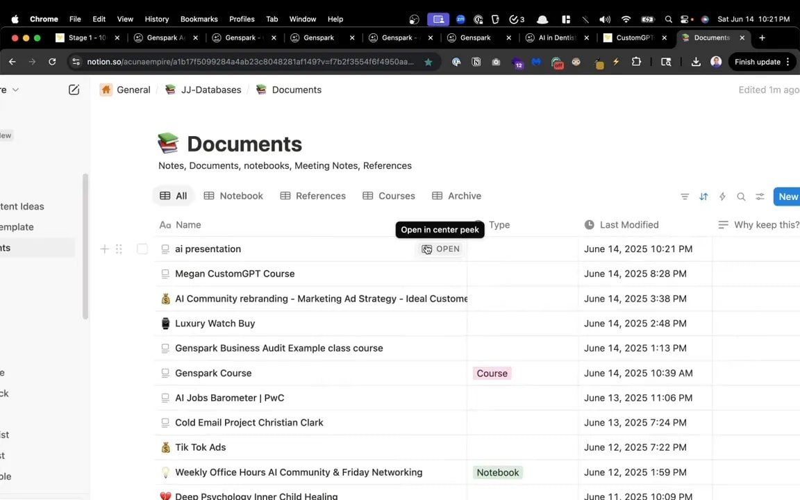 Vue de la page Documents dans Notion montrant une liste de notes et fichiers avec colonnes (Last Modified, Type).