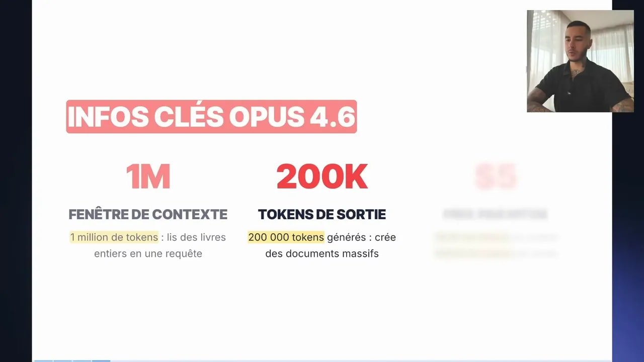 Diapositive claire 'Infos clés Opus 4.6' montrant '1M' (fenêtre de contexte) et '200K' (tokens de sortie) avec texte explicatif et l'intervenant en encart.