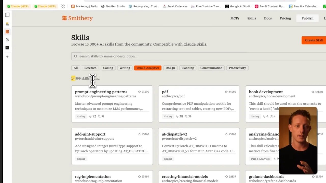 Interface Smithery affichant « Skills » et des cartes de skills avec barre de recherche