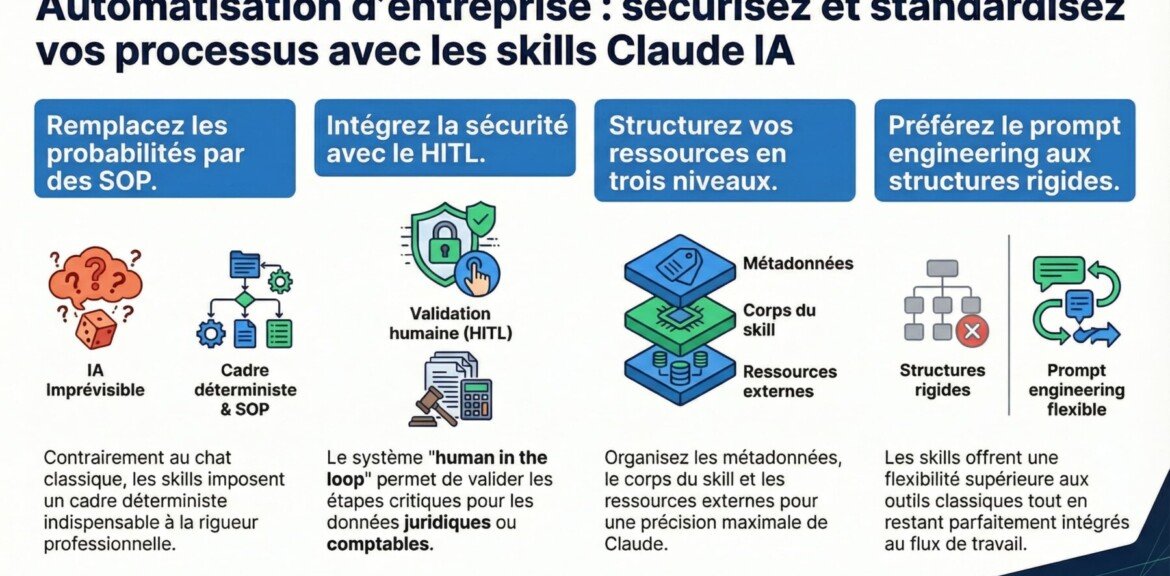 Claude Skills : automatisez vos tâches et transformez vos compétences en actifs 1 Les Claude Skills agissent comme de véritables manuels d'instructions ou des procédures opérationnelles standardisées (SOP) pour vos agents IA,,. Au lieu de réexpliquer votre façon de travailler à chaque nouvelle conversation, vous codez votre expertise une seule fois pour que l'IA l'exécute de manière autonome,.