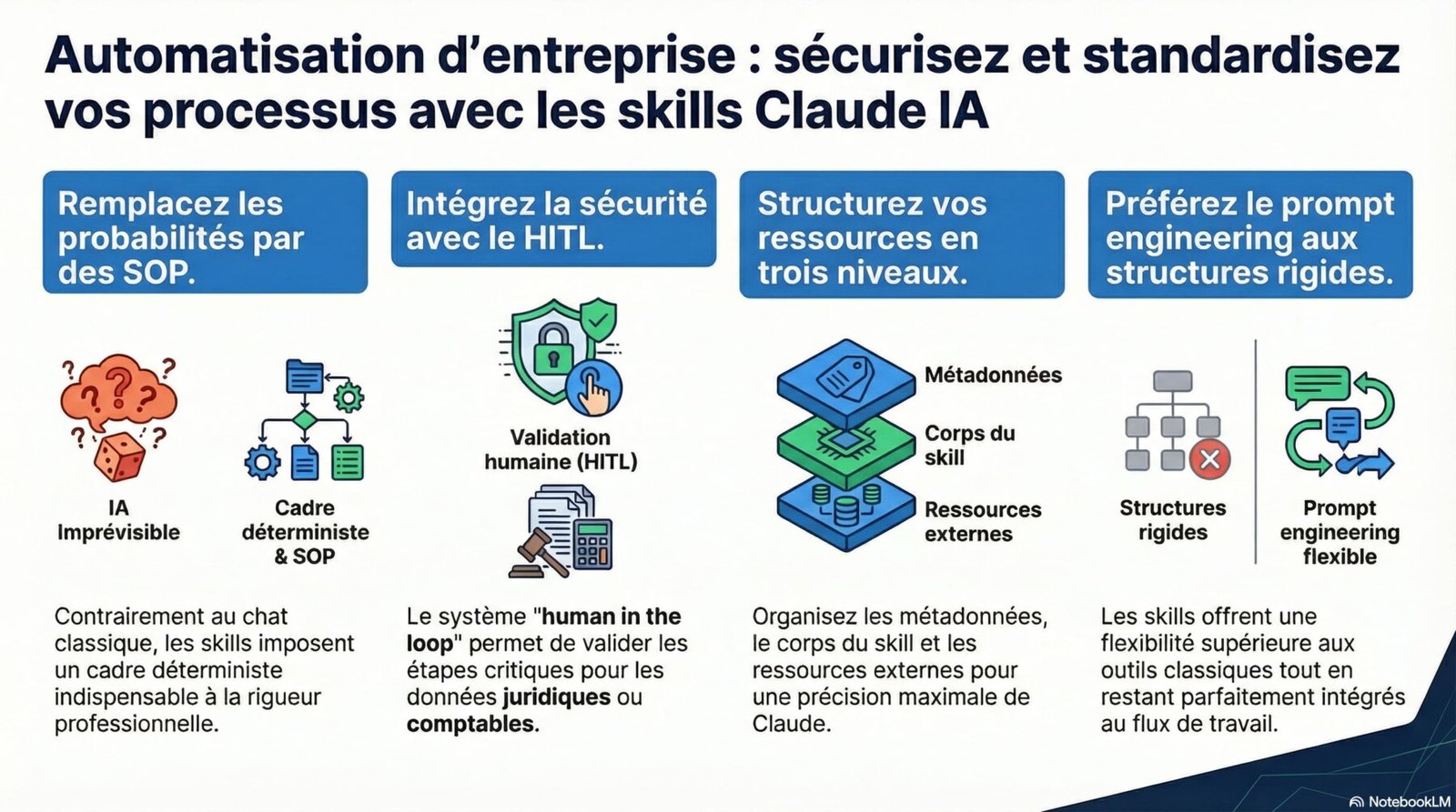 Les Claude Skills agissent comme de véritables manuels d'instructions ou des procédures opérationnelles standardisées (SOP) pour vos agents IA,,. Au lieu de réexpliquer votre façon de travailler à chaque nouvelle conversation, vous codez votre expertise une seule fois pour que l'IA l'exécute de manière autonome,.