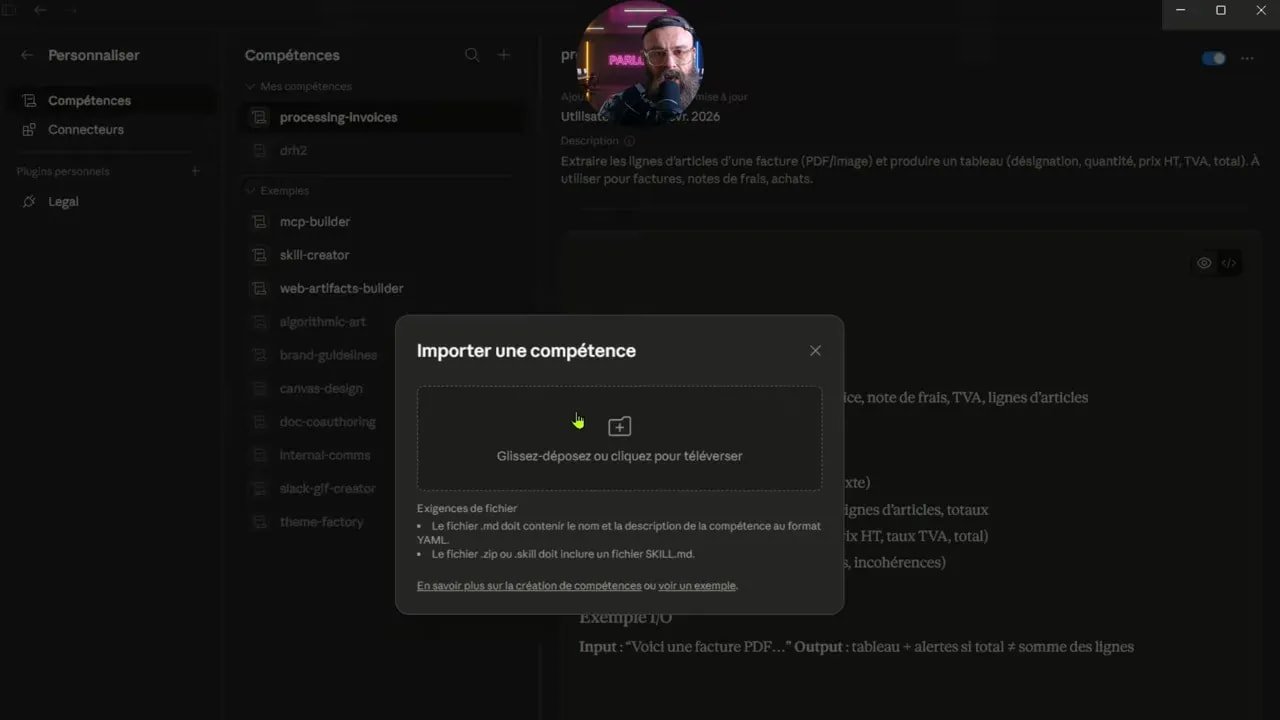 Claude Skills : automatisez vos tâches et transformez vos compétences en actifs 9 Modal 'Importer une compétence' dans l’interface Claude montrant une zone 'Glissez-déposez ou cliquez pour téléverser' pour uploader un fichier ZIP ou un SKILL.md.