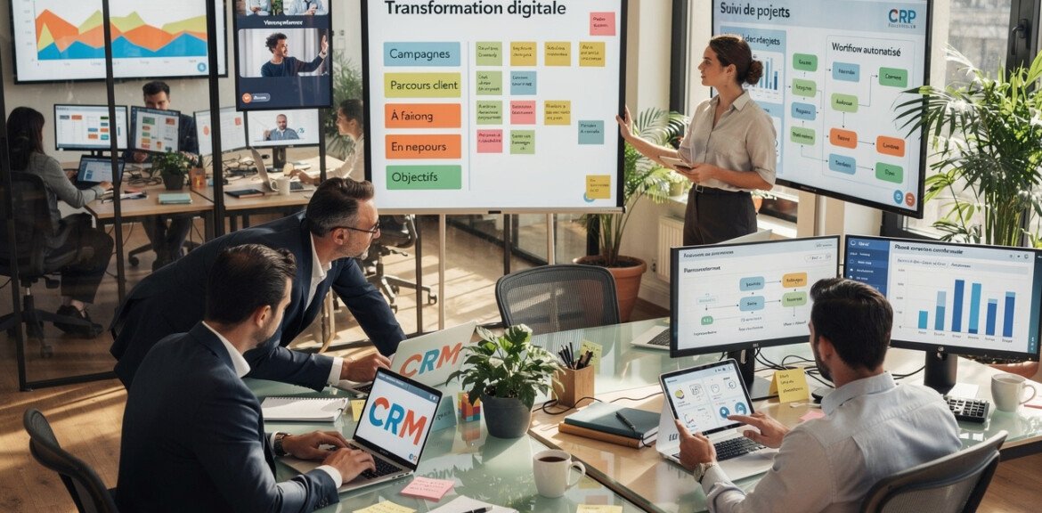 Équipe B2B utilisant des outils numériques collaboratifs pour piloter la transformation digitale