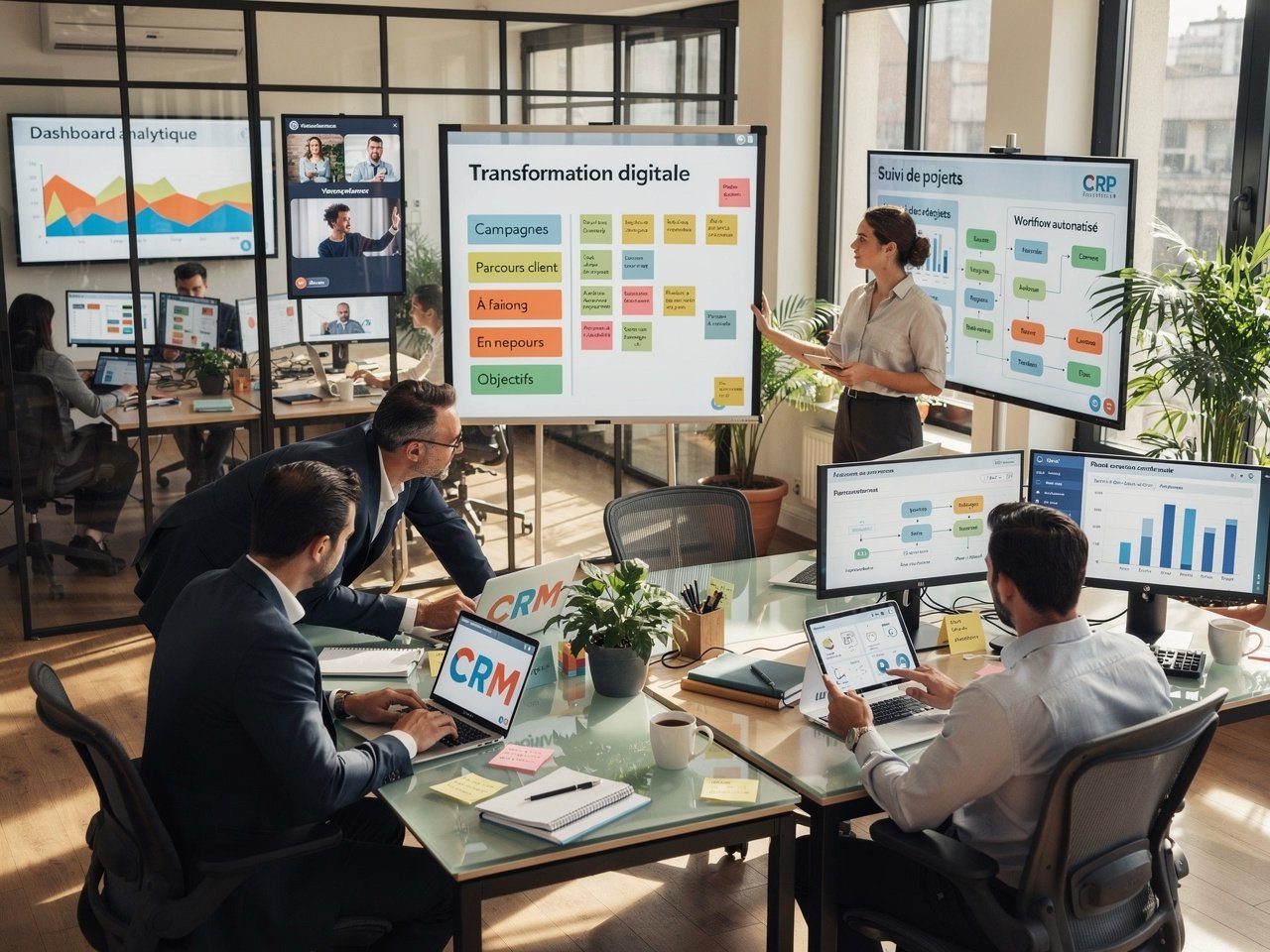 Équipe B2B utilisant des outils numériques collaboratifs pour piloter la transformation digitale