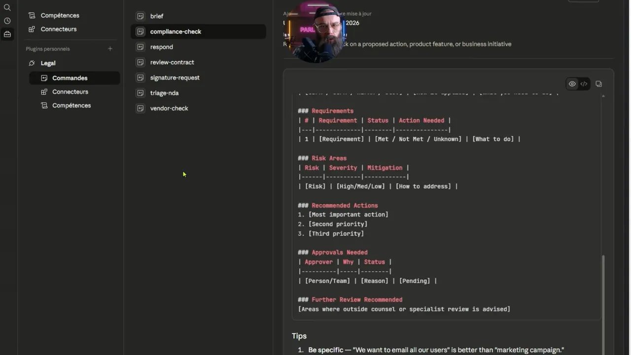 Claude Skills : automatisez vos tâches et transformez vos compétences en actifs 10 Modèle Markdown affichant les sections 'Requirements', 'Risk Areas' et 'Recommended Actions' dans la skill 'compliance-check'.