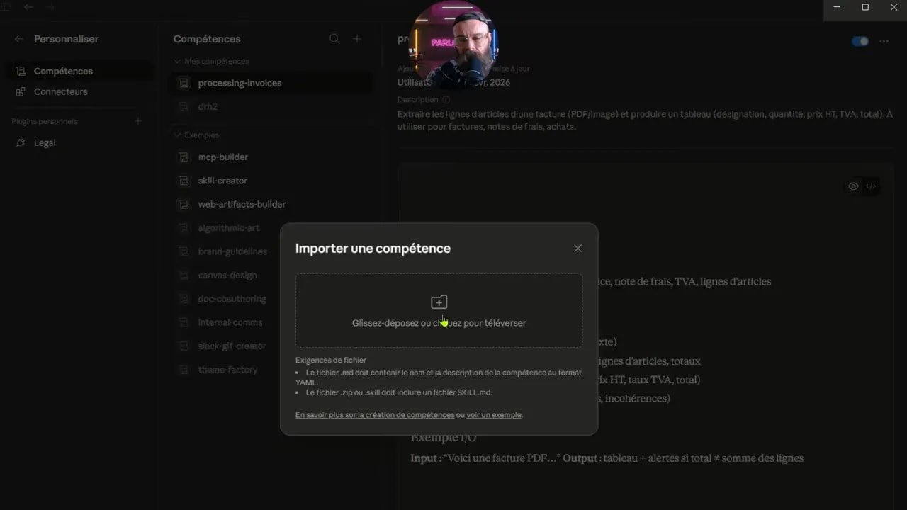 Claude Skills : automatisez vos tâches et transformez vos compétences en actifs 6 Modal d'import 'Importer une compétence' dans Claude montrant la zone de glisser-déposer pour téléverser un fichier