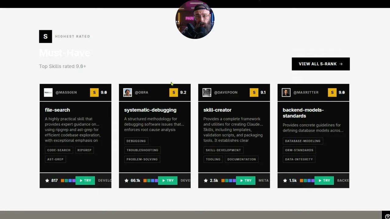 Claude Skills : automatisez vos tâches et transformez vos compétences en actifs 5 Capture d'écran claire du Skill Hub montrant cartes de skills notées (file-search, systematic-debugging, skill-creator, backend-models-standards).