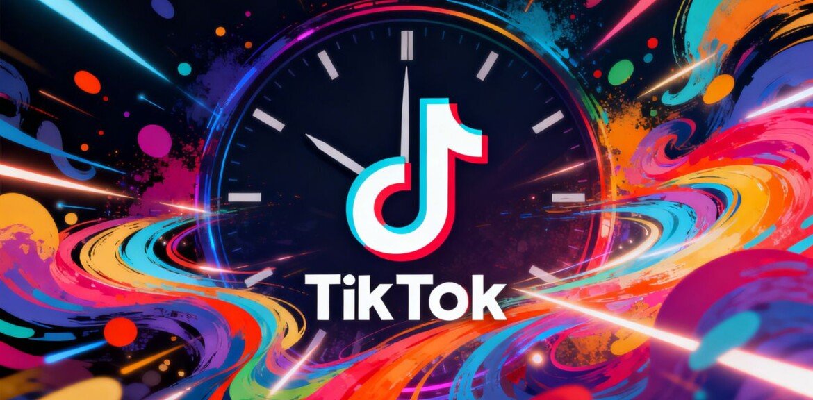 Logo TikTok avec des formes abstraites et une horloge.