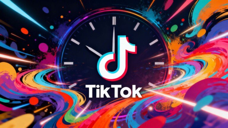 Logo TikTok avec des formes abstraites et une horloge.
