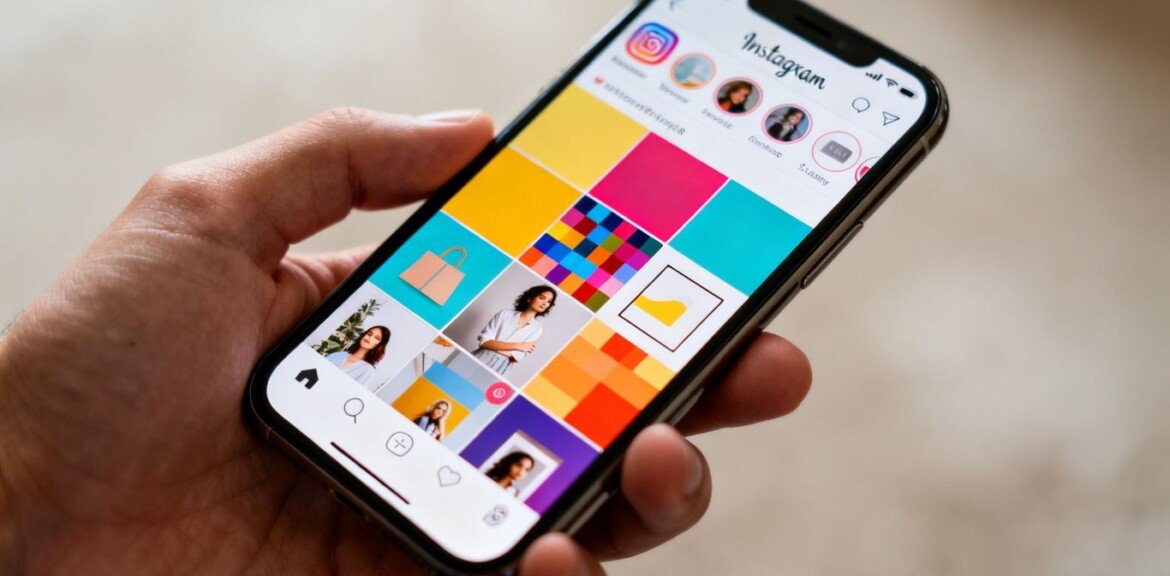 Main de personne tenant un smartphone avec feed Instagram affiché.