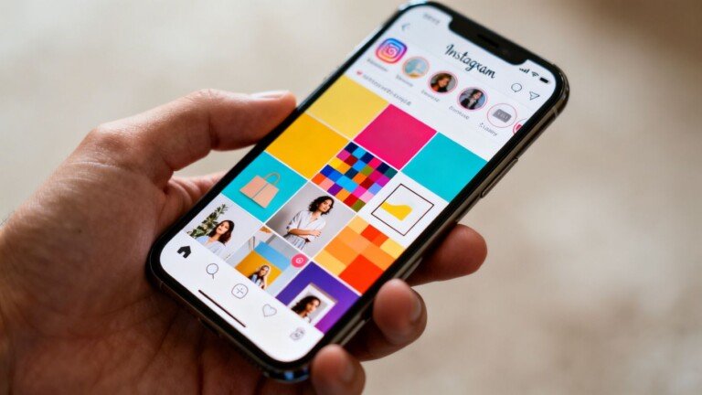Main de personne tenant un smartphone avec feed Instagram affiché.