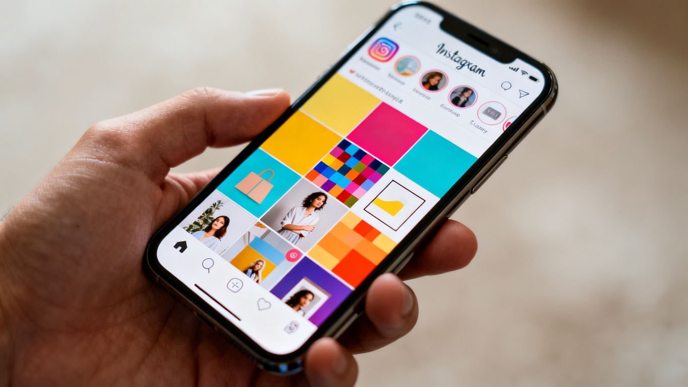 Main de personne tenant un smartphone avec feed Instagram affiché.