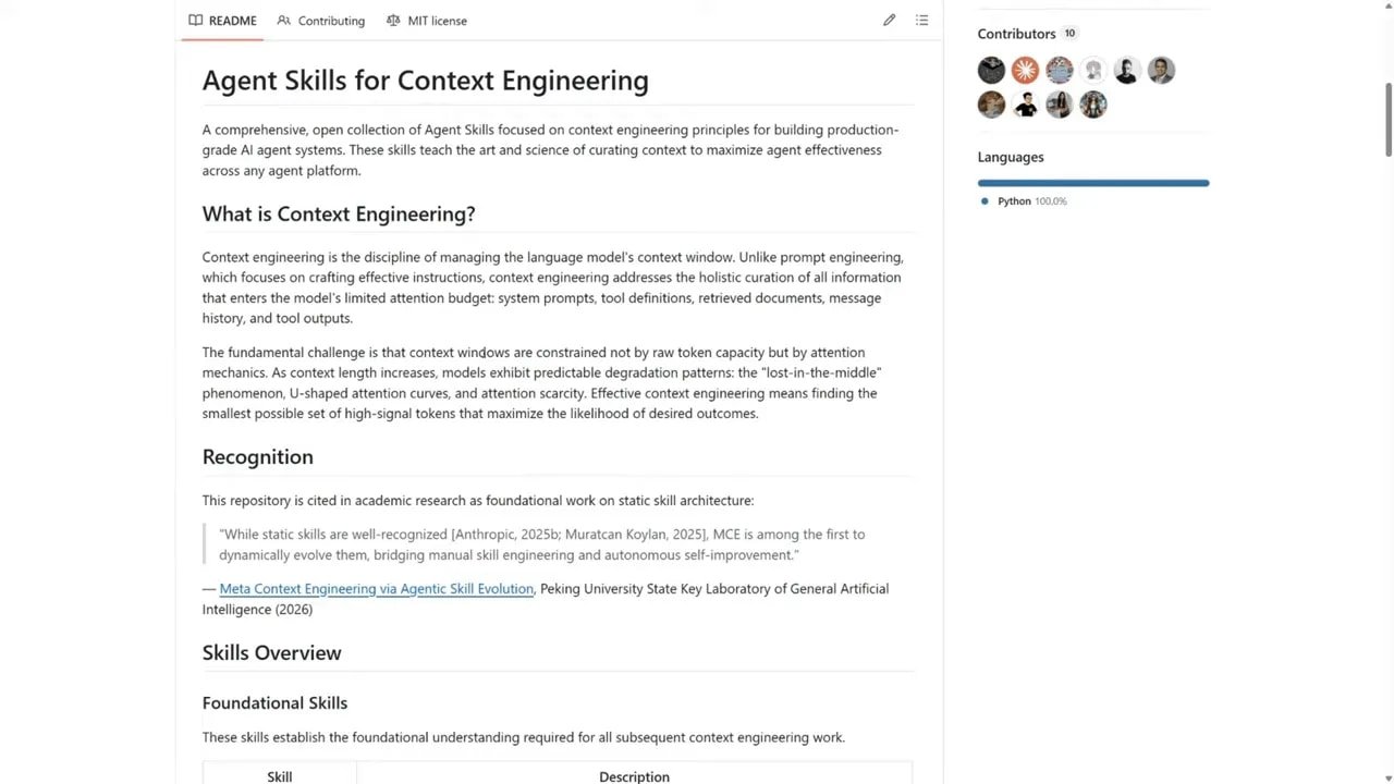 Capture d’écran de la documentation GitHub « Agent Skills for Context Engineering » expliquant ce qu’est le context engineering
