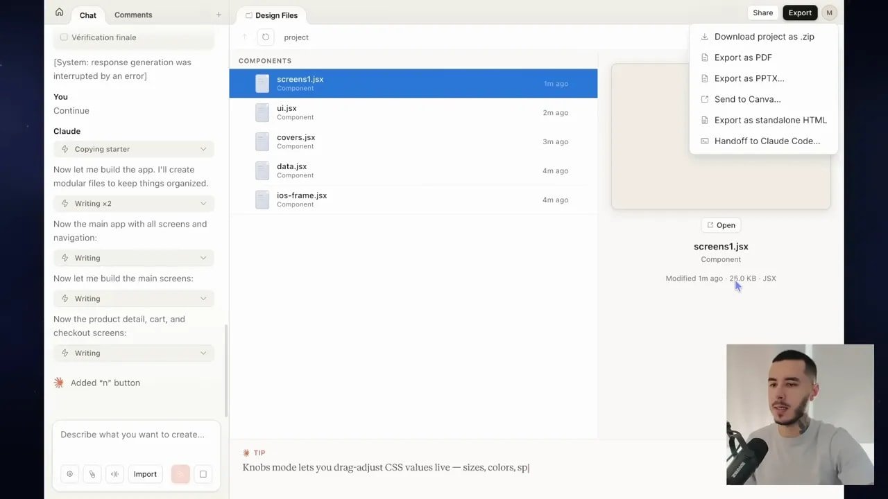 Interface Claude Design montrant les options d’export multi-formats pour un projet (ZIP, PDF, PowerPoint, Canva, HTML)