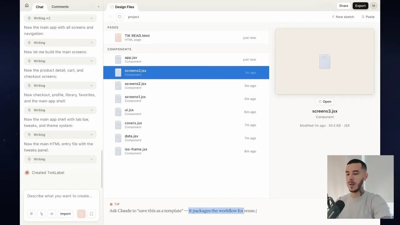 Capture d’écran Claude Design affichant les pages et composants du projet, dont TIK READ.html et screens3.jsx