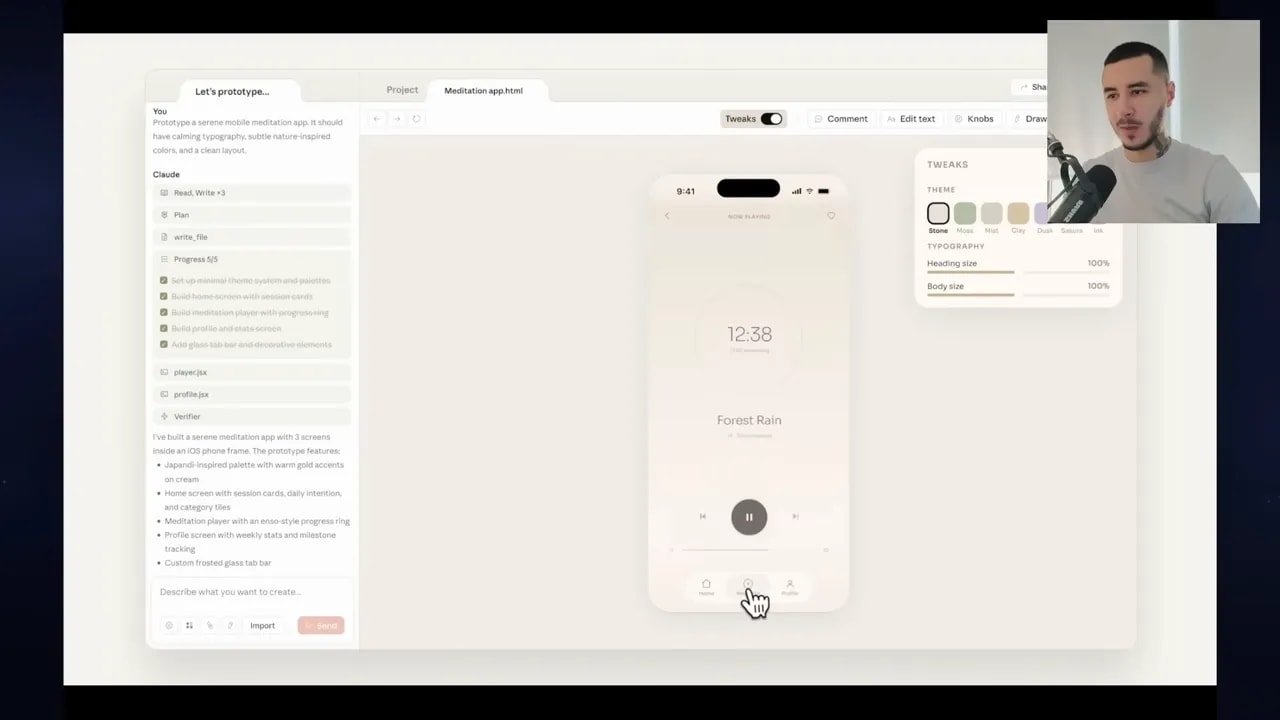 Interface Claude Design montrant un prototype d’application mobile avec paramètres de tweaks