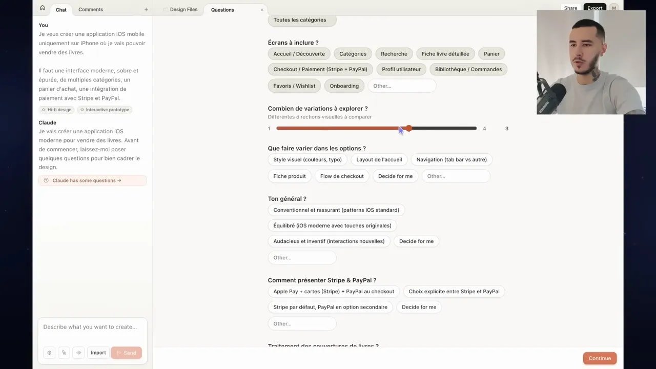 Capture d’écran Claude Design montrant le panneau Questions : écrans à inclure, variations à explorer et réglages d’options
